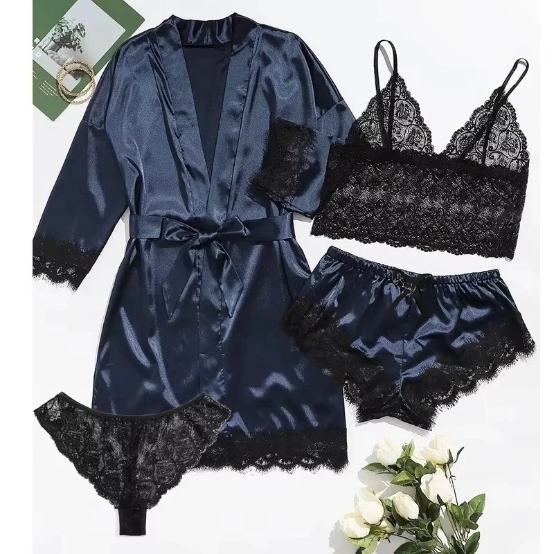 Women’s Summer Sexy Pajama Pants Set 4 Pieces Lace Satin With Silk Sleepwear Robe Fashion And Comfortable Nightwear 5 Women's Summer Sexy Pajama Pants Set 4 Pieces Lace Satin With Silk Sleepwear Robe Fashion And Comfortable Nightwear 5