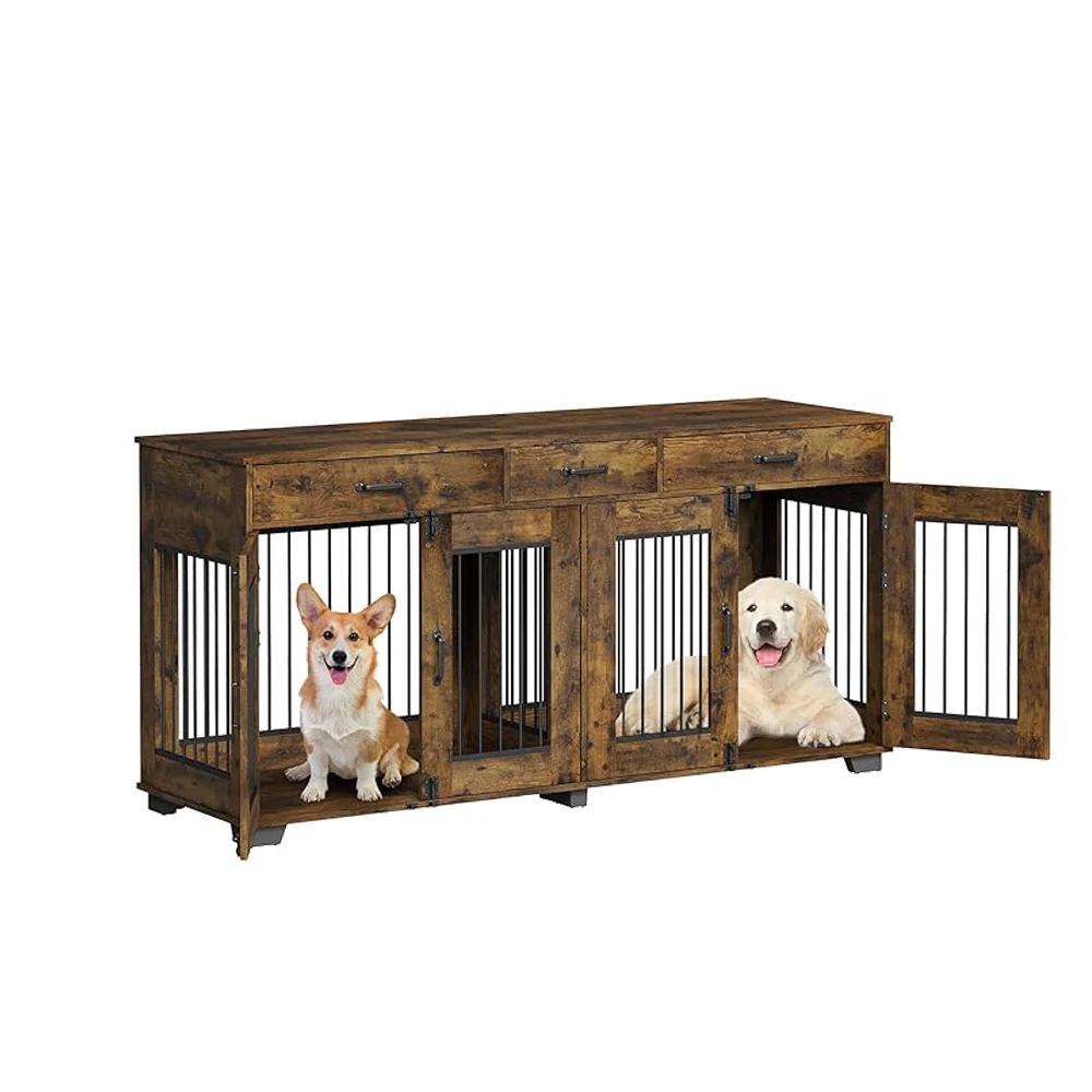 Double Dog Crate Furniture, Large Dog Kennel Indoor for 2 Dogs, Heavy Duty Dog House TV Stand Side Table for Medium Large Dogs