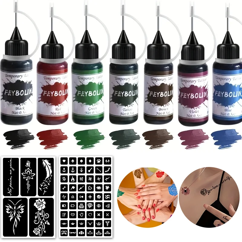 حبر الوشم الملون لعصير الوشم ، حبر الوشم طويل الأمد والإستنسل مجموعة الوشم المؤقت ، طلاء الجسم المقاوم للماء وشم مزيف
