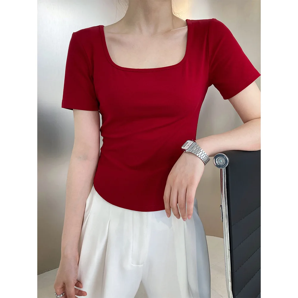 2024 Women Summer Cotton T Shirts Square Neck Short Sleeve Sexy Tees Summer Tops For Women Clothes