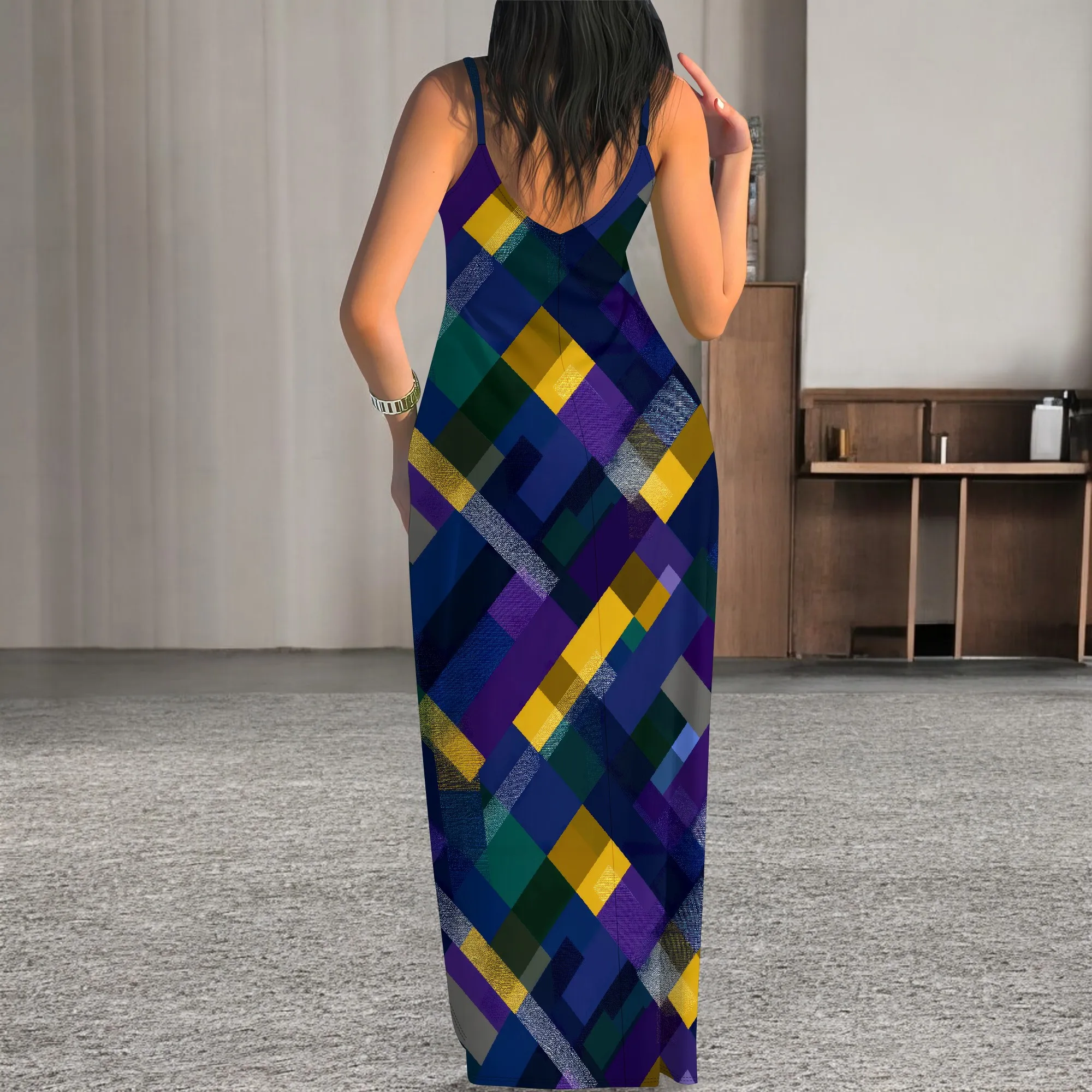 レディース夏用プラスサイズハワイアンワンピース タイダイ柄 スパゲッティストラップ マキシ丈ワンピース ビーチ ボヘミアン カジュアル サマードレス