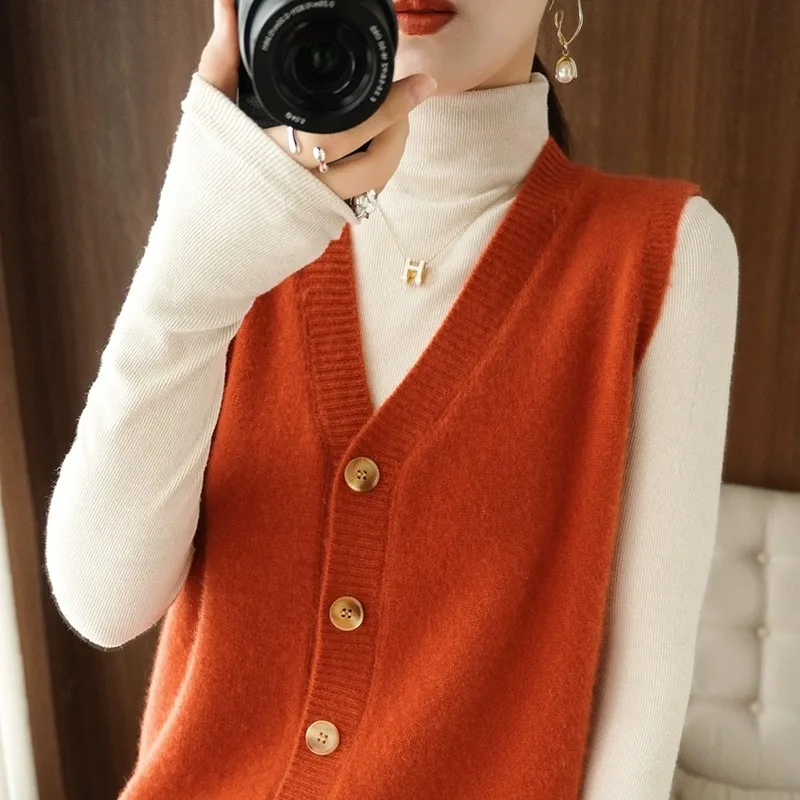 00% Camere Knitted Vest Cardigan Women's V-ne Svel Loose plus Size Versatile Sweater Pure Color Commute Sle Butt...