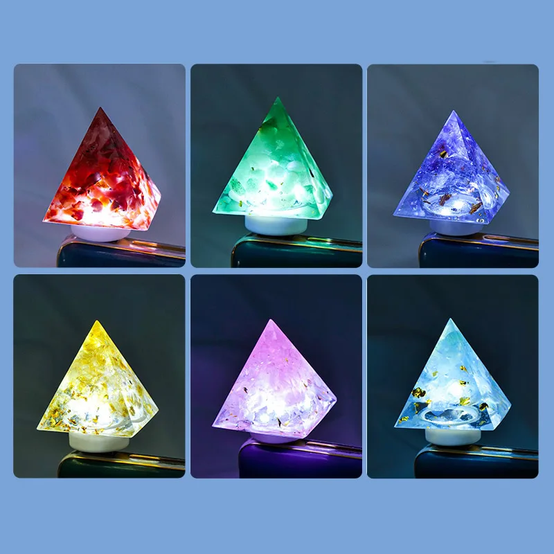 Natural Crystal Stone Pyramid Statue USB Night Light Reiki Orgone Pyramid Lamp Amulet Sculpture for Home Office Decoration