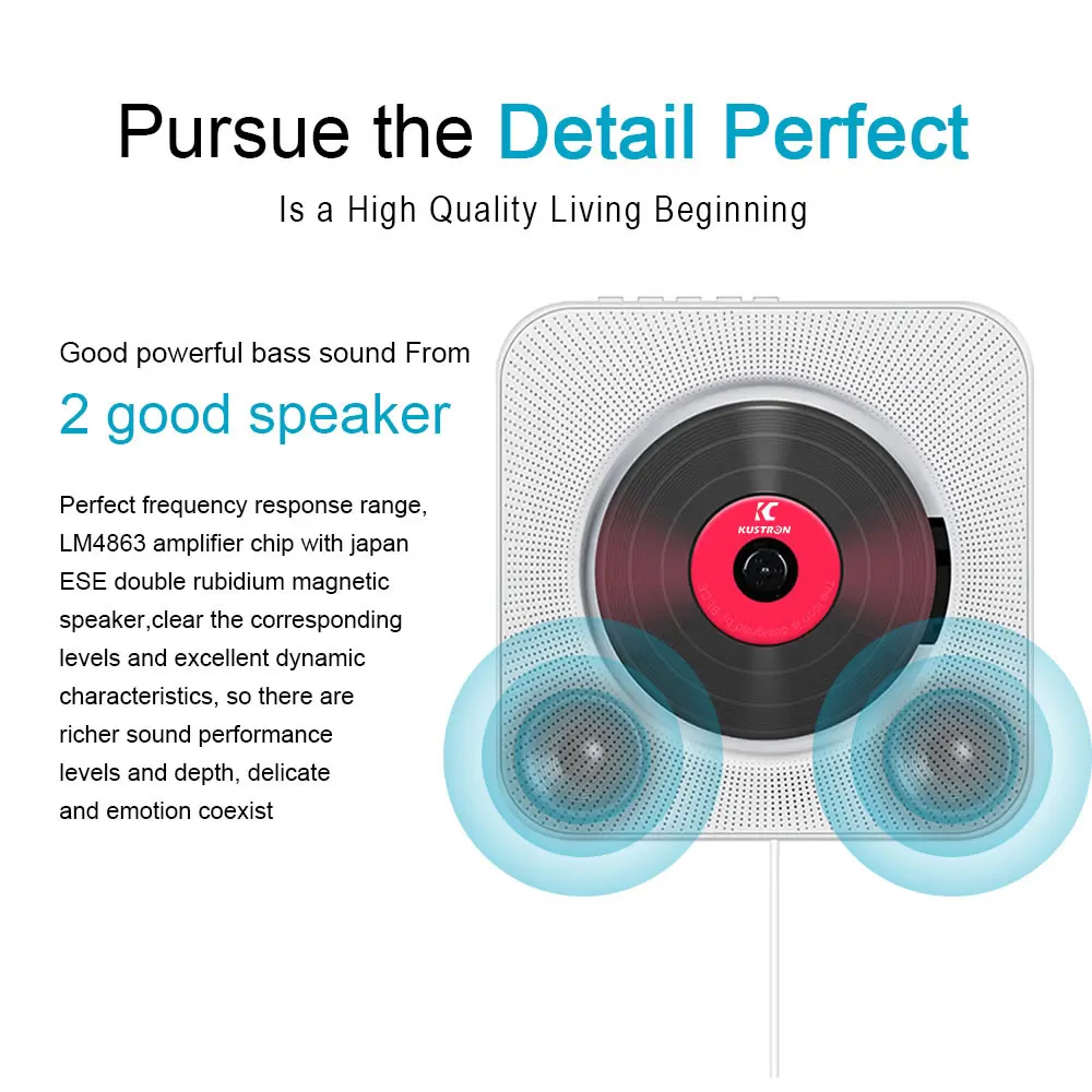 Kustron 2.0 مثبت على الحائط مشغل أقراص مضغوطة سمّاعات بلوتوث + LED عرض المحمولة الرئيسية الصوت Boombox مع جهاز التحكم عن بعد راديو FM
