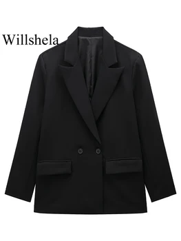 Women's Double-Breasted Blazer with Pockets 4 Willshela Women Fashion With Pockets Solid Double Breasted Blazer Vintage Long Sleeves Notched Neck Female Office Lady Outfits 4