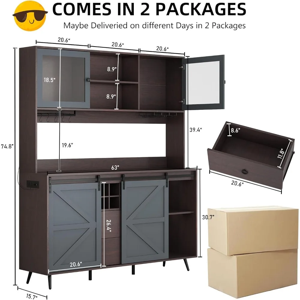 Grande Buffet Aparadores com gavetas, Farmhouse Bar Cabinet, mesa de buffet com celeiro deslizante, saída, 6000 luz colorida, 75 alto, 63 "Wide