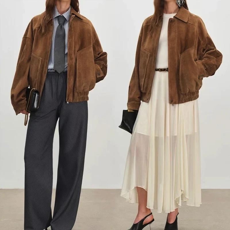 Casual Goatskin Kid Suede Jackets Women's Real Leather Coats 2026 Spring Retro Suede Leather Lapel Leather Jacket Loose Coat