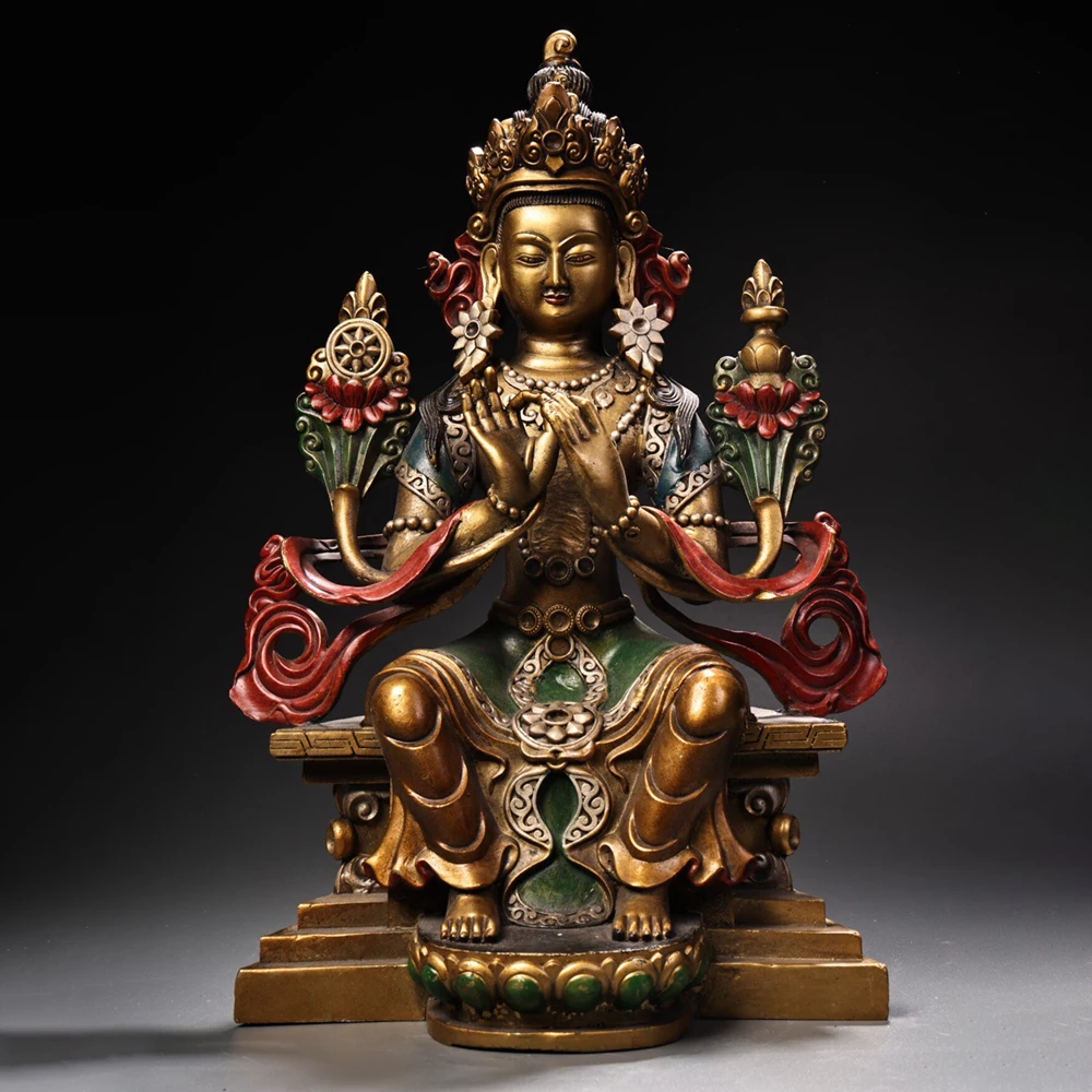 Bronze Painted Gold Tibetan Maitreya Buddha Statue Serene Face Fine Craftsmanship Home Altar