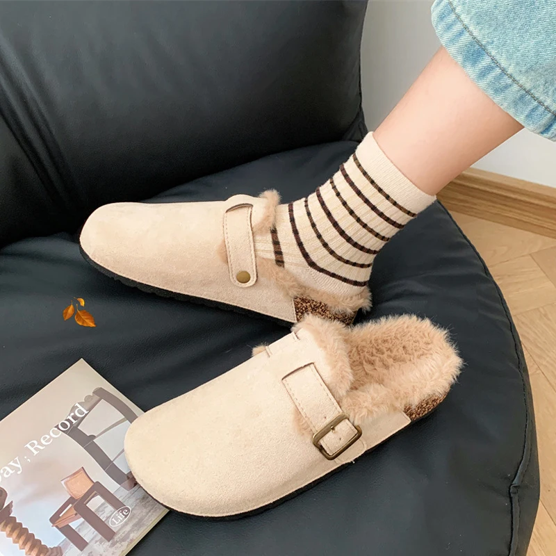 Cork Flat Head Half Slippers Women Warm Woolly Indoor and Outdoor Slippers 2024 Autumn and Winter New Model Borken Shoes