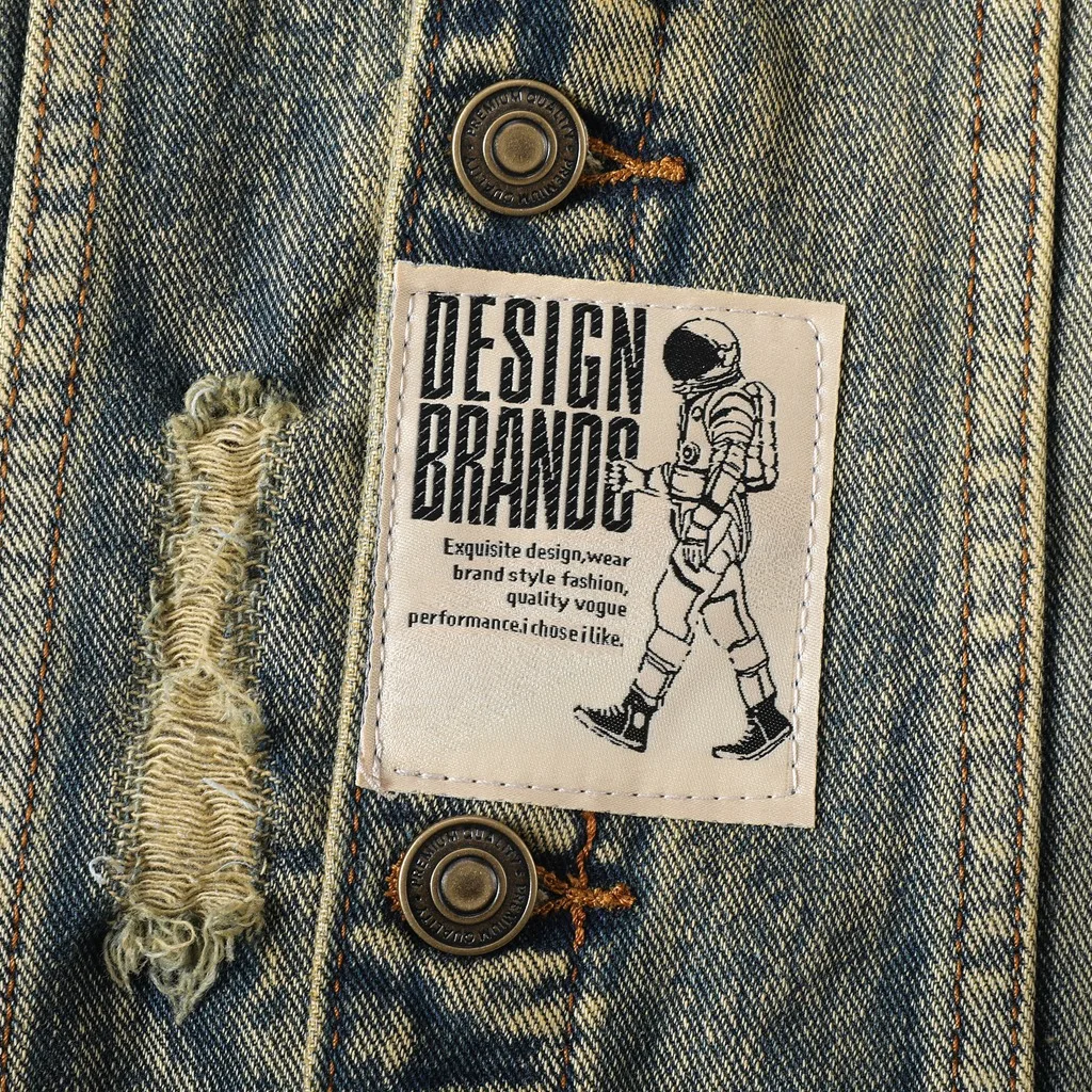 Men\'s Fashion Vintage Destroyed Jeans Jacket High Street Ripped Denim Coat With Holes Washed Retro Outerwear Size M-5XL