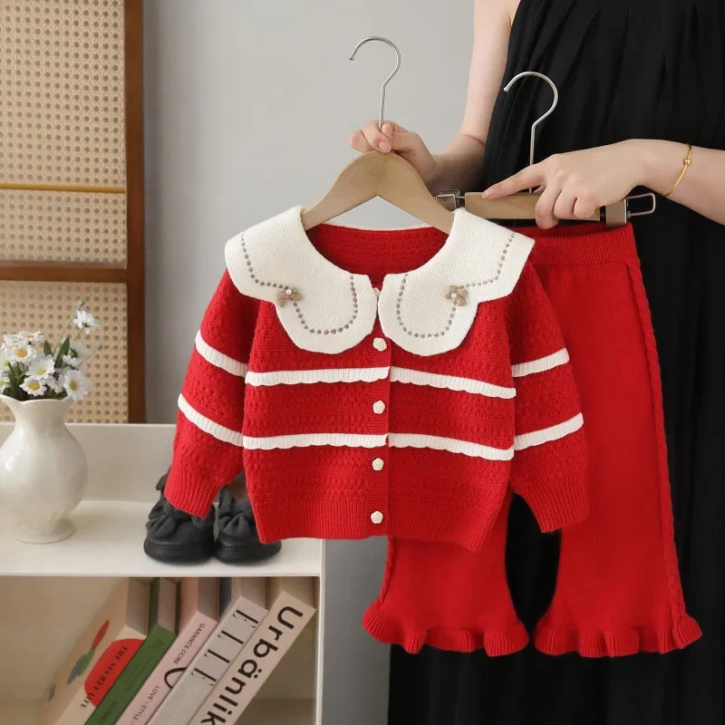 

LILIGIRL новый осенний комплект детской одежды для детей от 2 до 6 лет, милый вязаный свитер с цветными блоками для девочек + штаны, свободная детская верхняя одежда с большими лацканами, 2 шт.