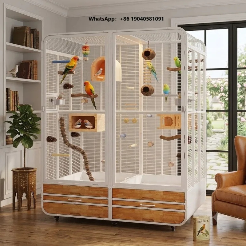 Large Metal Bird Cage Powder Coated Steel Wire Rolling Wheels Heavy Duty Casters Secure Lock System Anti-Escape Canary Cage