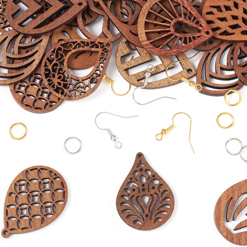 

DIY Jewelry Earring Making Kit Including Walnut Wood Laser Cut Pendants Brass Earring Hooks & Open Jump Rings For Making Earring