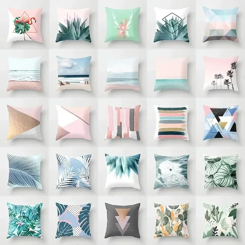 Funda de cojín con estampado de plantas tropicales, funda de almohada moderna para sofá y silla de coche, color nórdico, rosa, geométrico, verde y azul