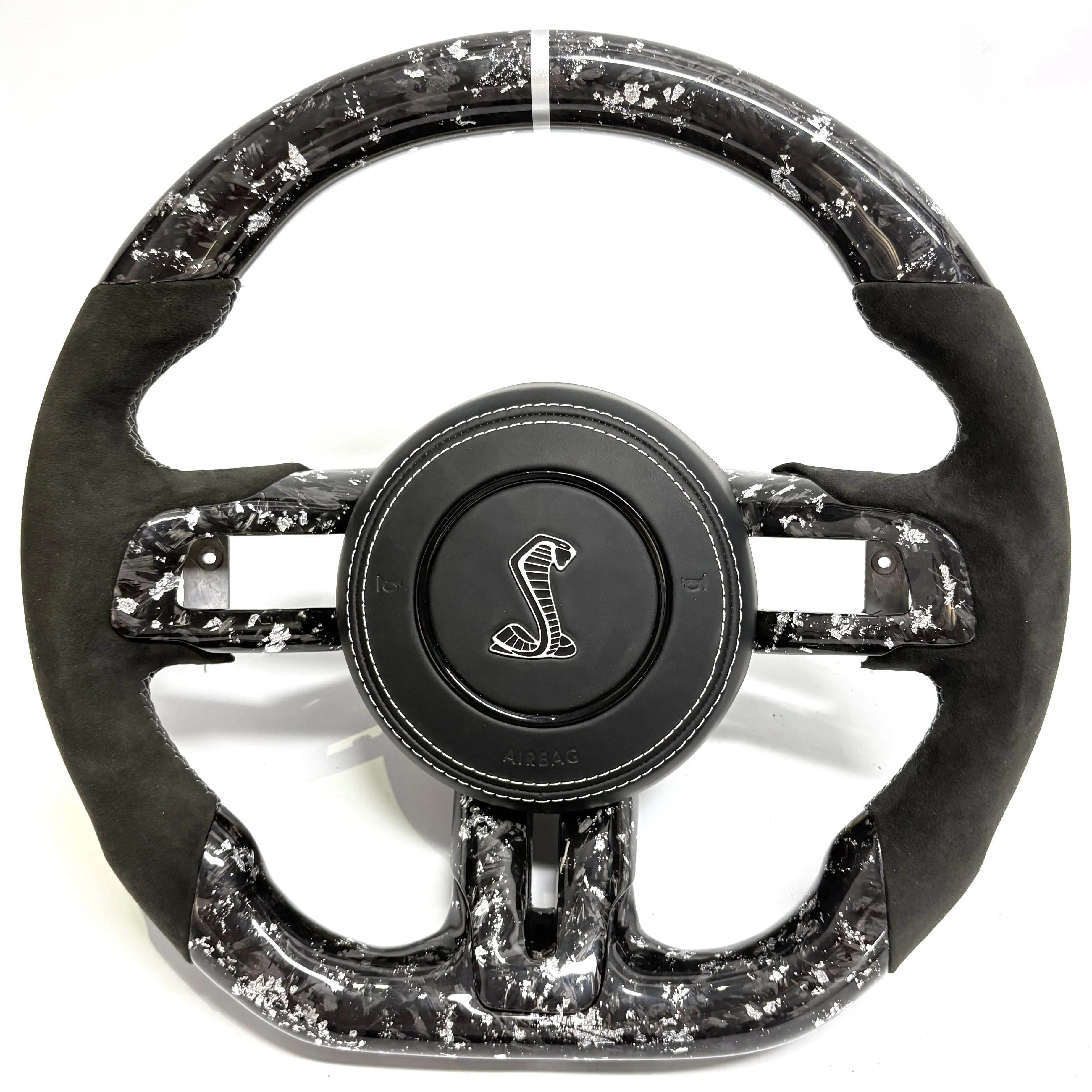 

Silver Forged Carbon Fiber Perforated Leather Steering Wheel for Ford Mustang GT 2015-2023