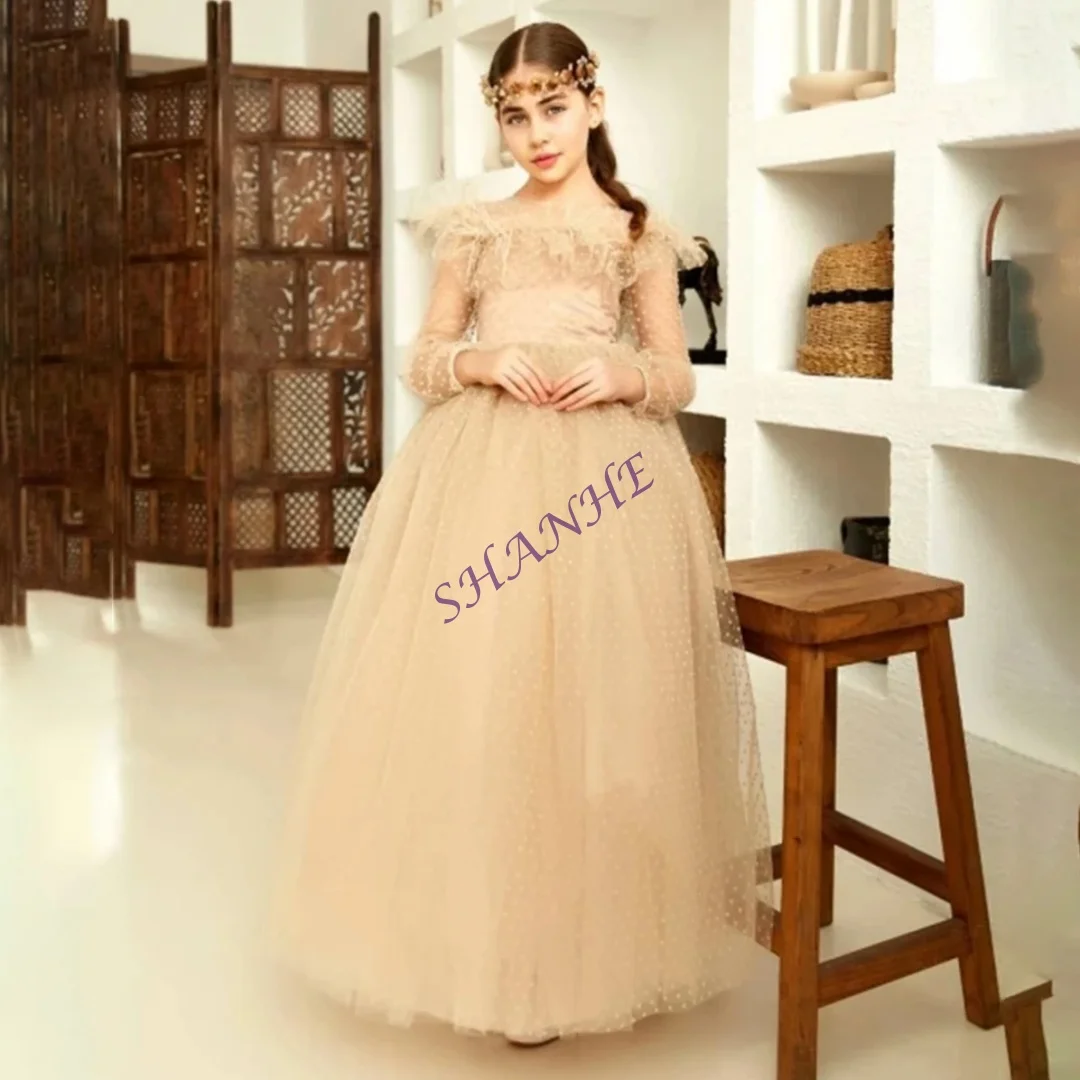 ريشة قبالة الكتف حمالة كم طويل ألف خط الطية زهرة فتاة فستان الكاحل طول فستان التواصل الأول مخصص #3