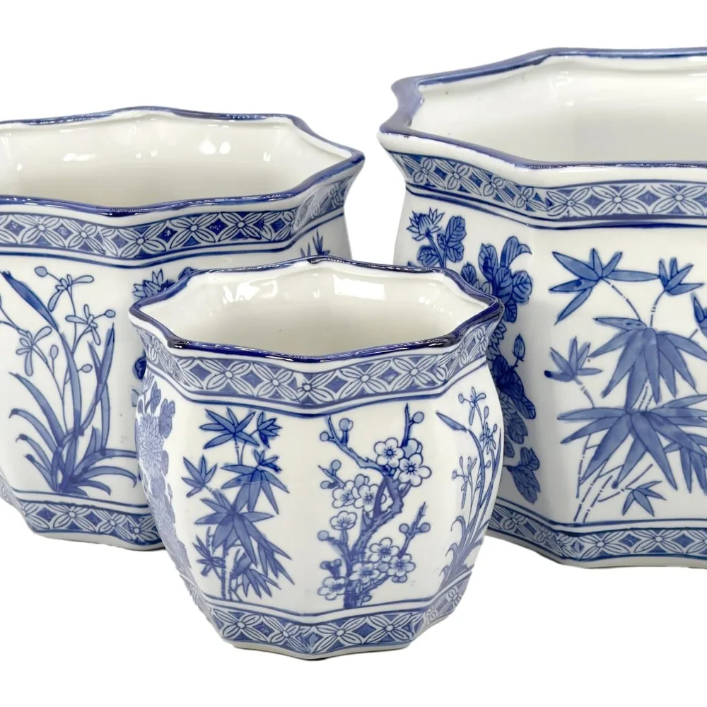 Galt International Blue & White รอบร่องดอกไม้ปาล์มโลตัสพอร์ซเลนเซรามิคพืชกระถางต้นไม้ชุด 3 (7.5", 10", 1