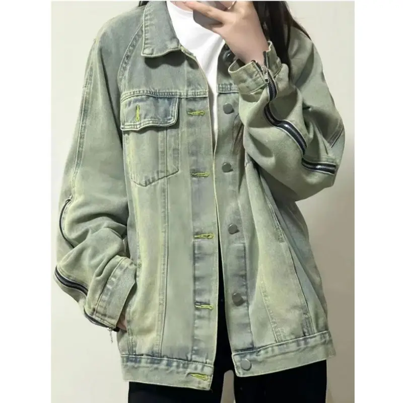 

2024 spring new Denim Coat women Long sleeve zipper Vintage wash Jean jacket autumn loose female fashion Cowboy Overcoat T196