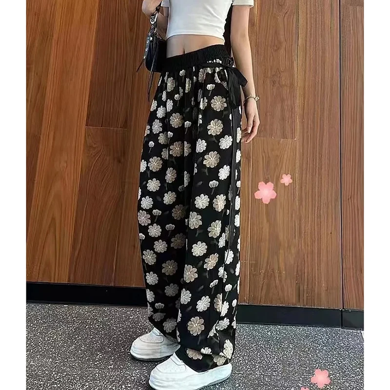 Ice Silk Chiffon Wide Leg Pants Oversize Loose Thin High Waist Drape Straight Pants Chinese Style Casual All Match Trousers New