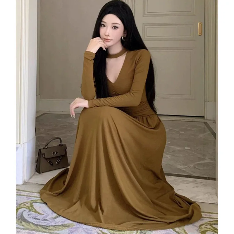 

Retro Ladies Ribbon Loose Maxi Dress Woman Fashion Short Sleeves Big Swing Vestidos Summer Femme V Neck Solid Color Long Dresses