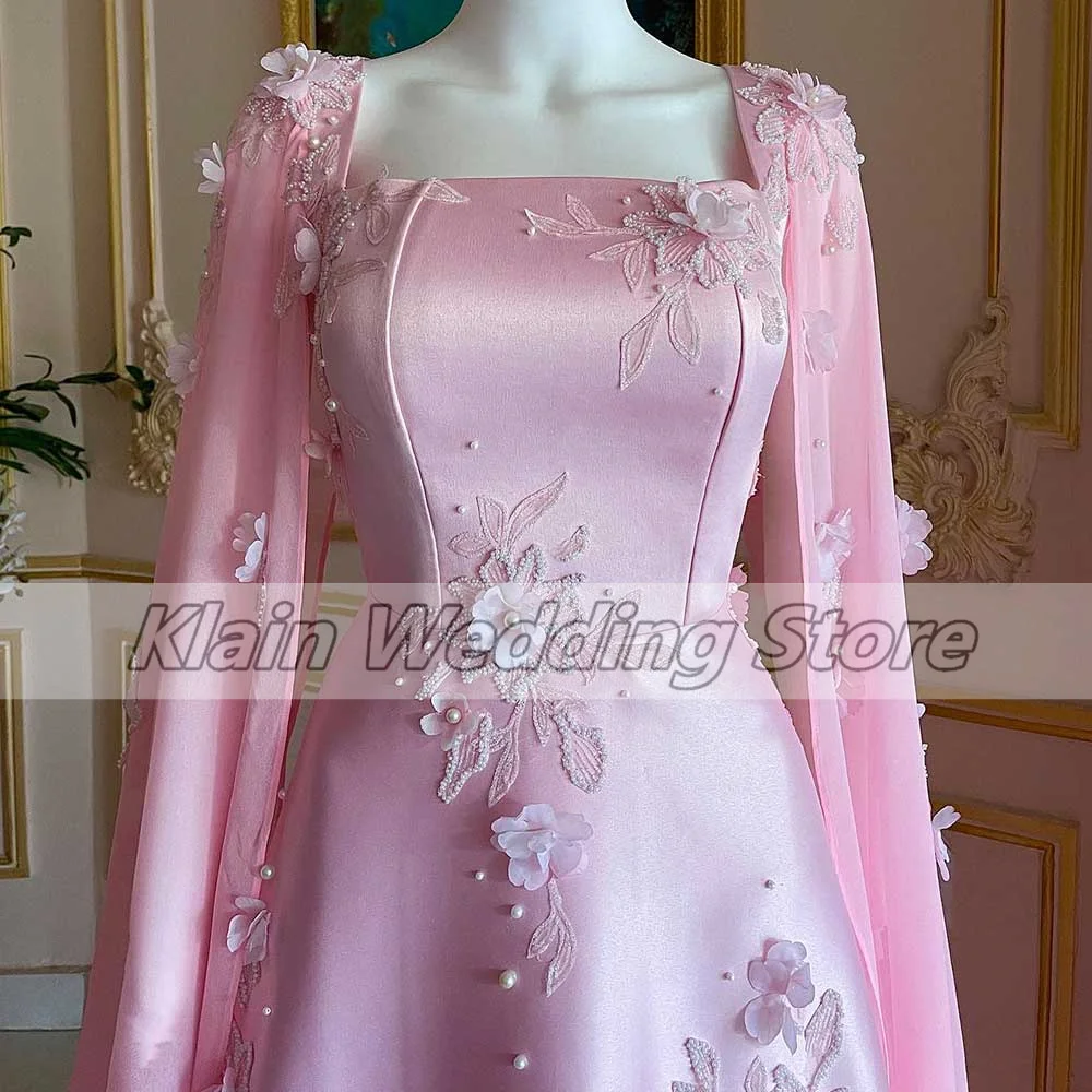 Customized Pink Satin A-Line Square Neck Elegant Evening Dress With Applique Pearl Shawl Pleat Backless Court Train Gorgeous Pro