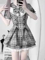 College-Style Retro Gray Plaid Shirt Dress for Women, Summer Sweet Little Girl's Bow Lace Waist-Cinching Short Dress 6