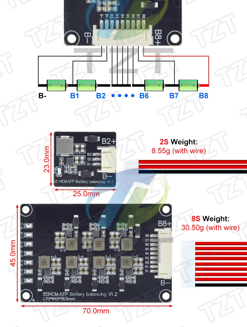 1/3 Stück TZT 2S/8S Aktives Balancer-Board 1,2A Li-Ionen-Lithium-Batterie-Board Energieübertragungs-Equalizer-Modul Induktive Version – Detail 3