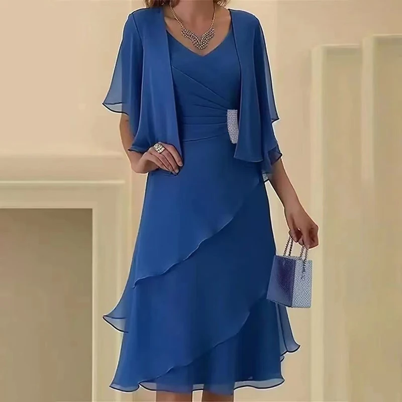 

Elegant V-neck Ruffled Chiffon Midi Dress 2025 Casual Short Sleeve Solid Color Party Dress Women Fashion High Waist A-Line Dress