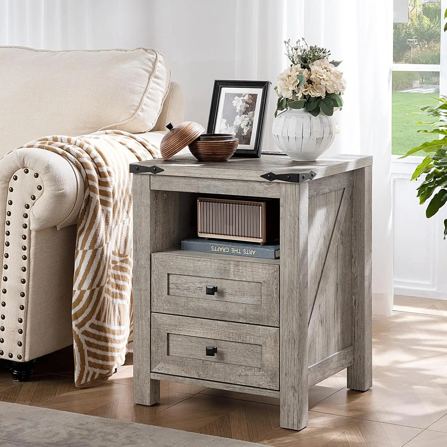 Nightstand Set of 2 with Charging Station & 2 Drawers, Farmhouse Bed Side Table with Open Shelf for Bedroom Living Room Office,