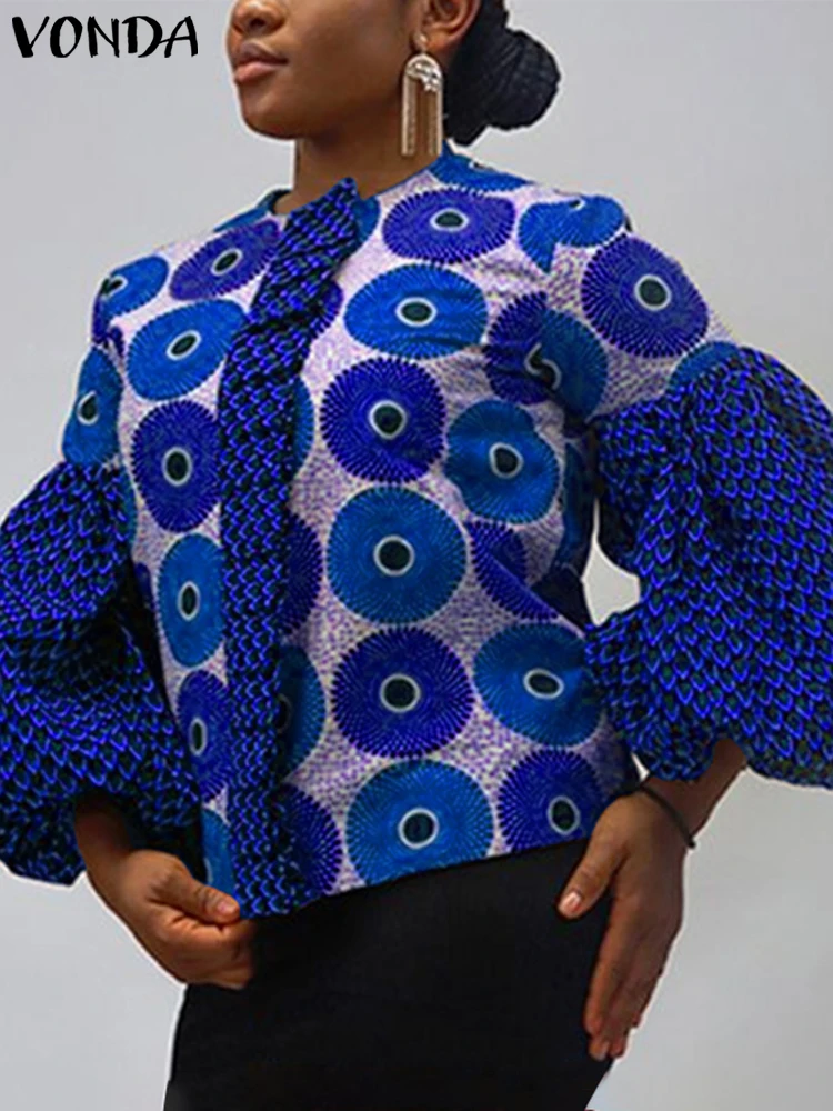 

VONDA Oversized Women Printed Blouses 2024 Elegant O-Neck Ruffled Shirts Casual Patchwork Blusas Lantern Long Sleeve Tops