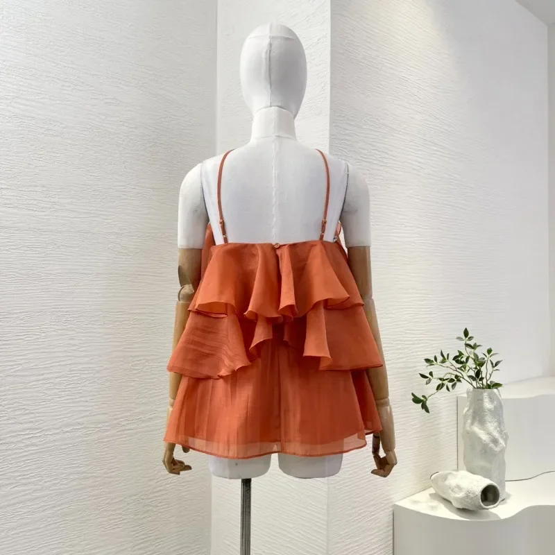 Women's Orange/white/black High Quality Flowers Appliqued Sleeveless Ruffles Backless Blouse Tops 2025 New Elegant