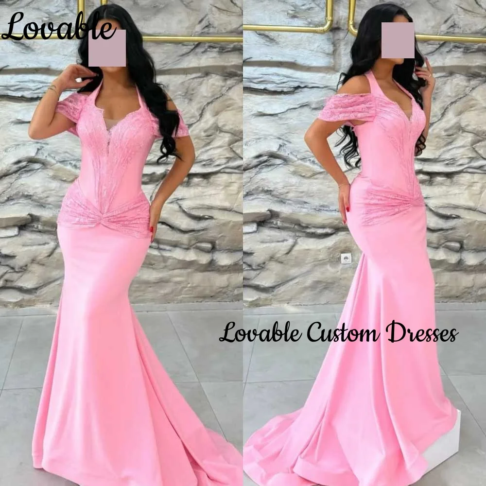 

Mermaid Pink Customize Formal Occasion Dresses Halter Floor-Length Lace Women'S Evening Dresses Zipper Up Short Sleeves Prom Dre