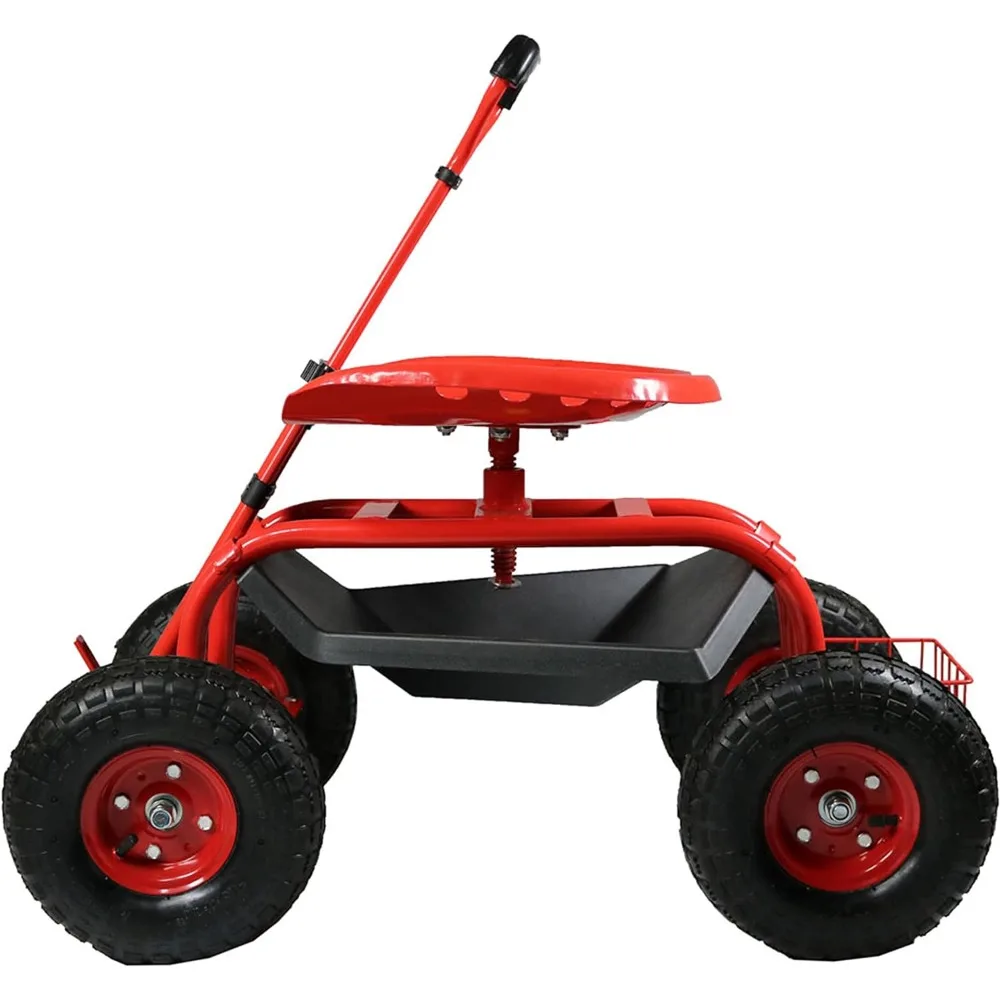 

Sunnydaze Garden Cart Rolling Scooter with Extendable Steering Handle -Swivel Seat and Utility Basket - Red