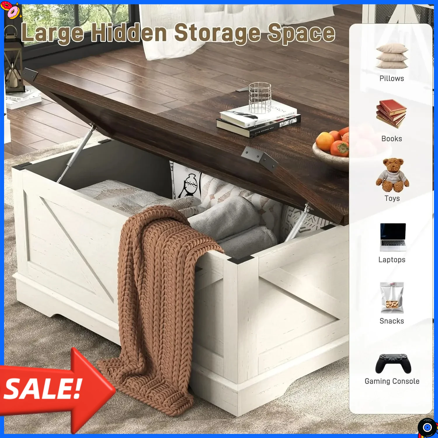 

Большой журнальный столик в стиле фермерского дома 40 дюймов с подъемной столешницей, розетками и большим скрытым хранилищем, квадратный деревянный стол для гостиной, многофункциональный