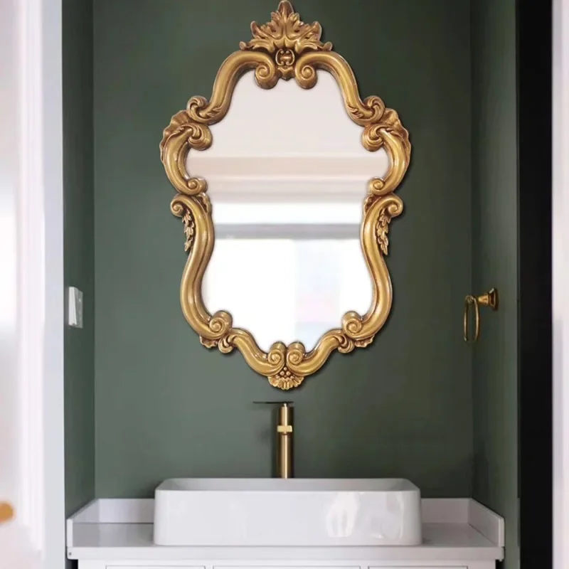 Baroque Style Vintage Bathroom Mirror Wall Mounted Oval Vanity Makeup Mirror for Bathroom Toilet Decor American Retro