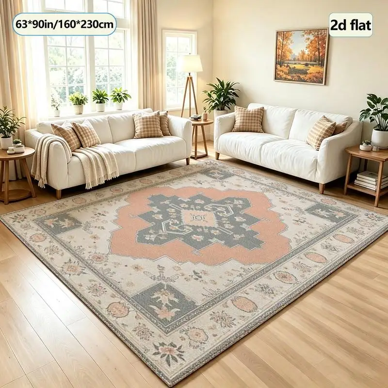 Vintage Oriental Style Medallion Square Carpet Non-Slip Washable Carpet Floor Decorations Home Living Room Bedroom Floor Decor