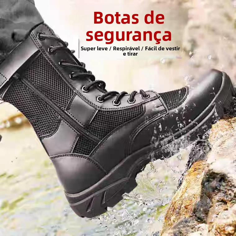 Botas de Trabalho Masculinas de Couro com Malha, Cano Alto, Casuais, para Uso Externo, com Cadarço, Super Leves, para Primave...