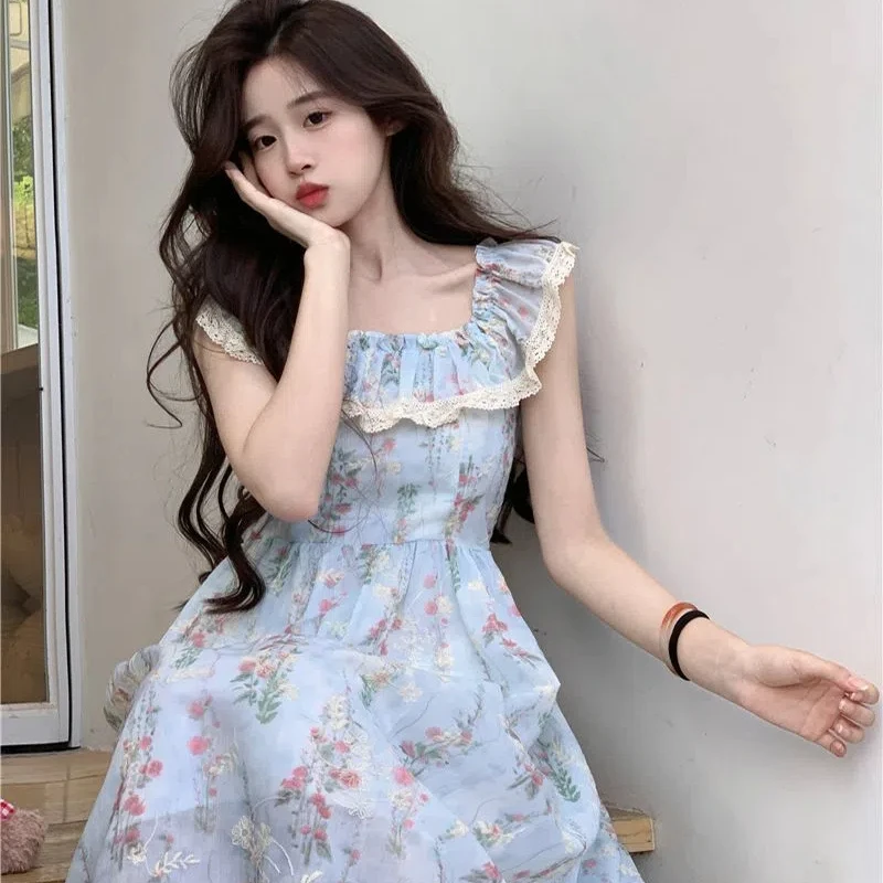 Sweet Ruffled Lace Square Collar Flying Sleeve Floral Temperament Waist-hugging Long Skirt