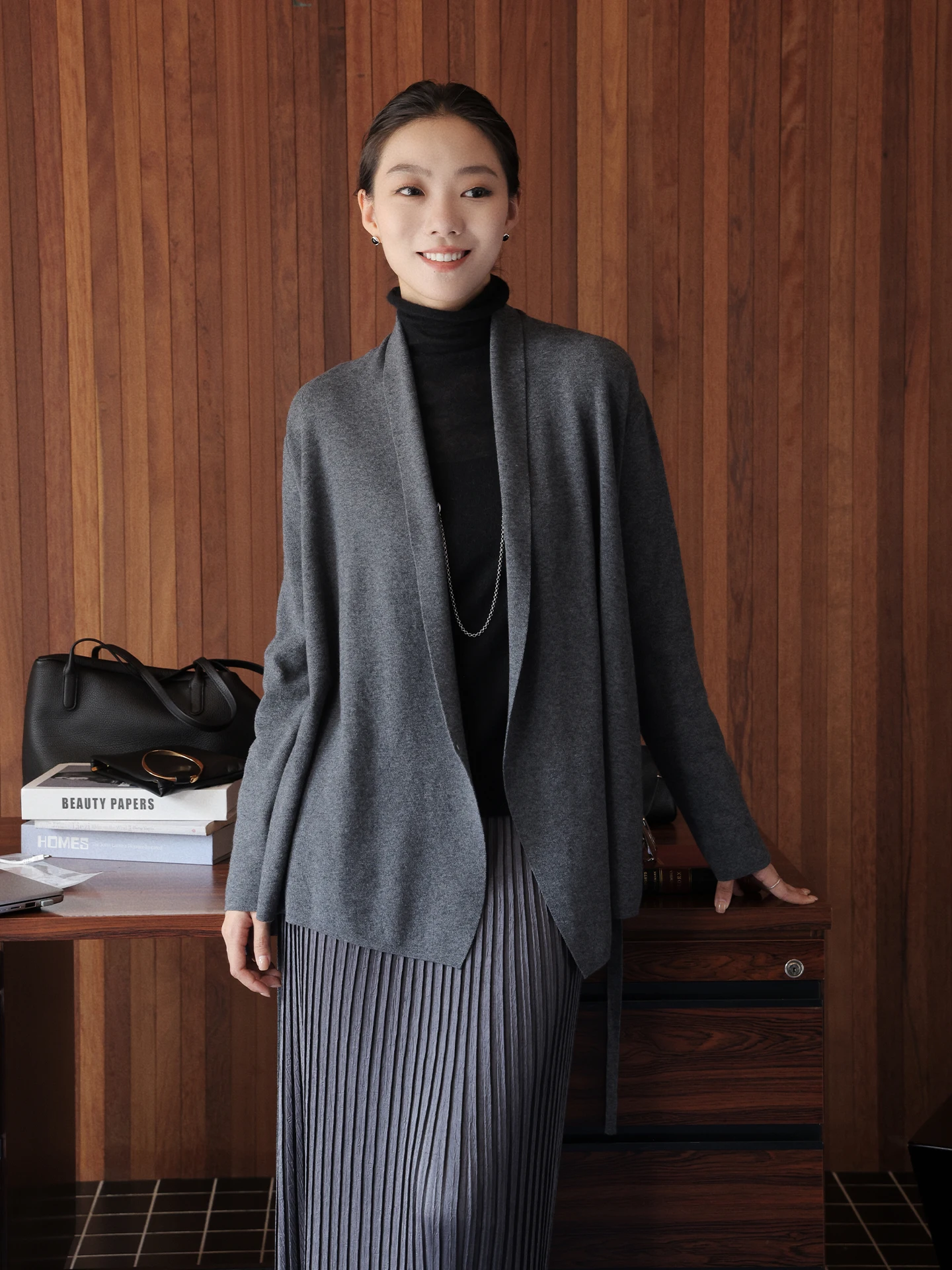 

Ele V-Ne Long Sve Woolen Knitted Open Cardigan Women's Spring New Sle Simple Design Waist-Cinching Belted Coat