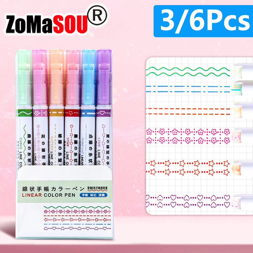 3-6Pcs Kawaii Flowers Line Shaped Highlighter Pens Roller Tip Curve Marker Pens Graffiti Pen Stationery School Office Gifts