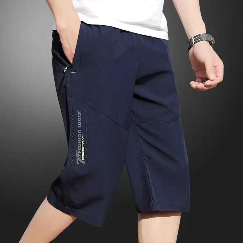 Shorts masculinos de trabalho, calças na altura do joelho, bolsos com zíper, shorts de verão, caminhadas, corrida, cintura elástica, shorts casuais