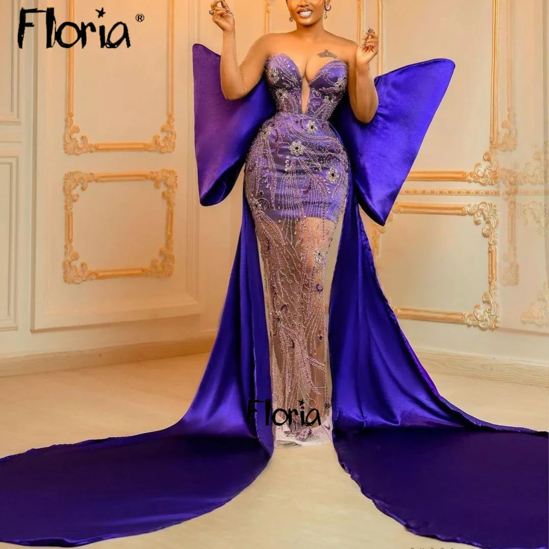 Alta arco grande vestidos de baile roxo espumante frisado longo sereia vestidos de festa à noite feito sob encomenda mulheres celebridade tapete vermelho vestido