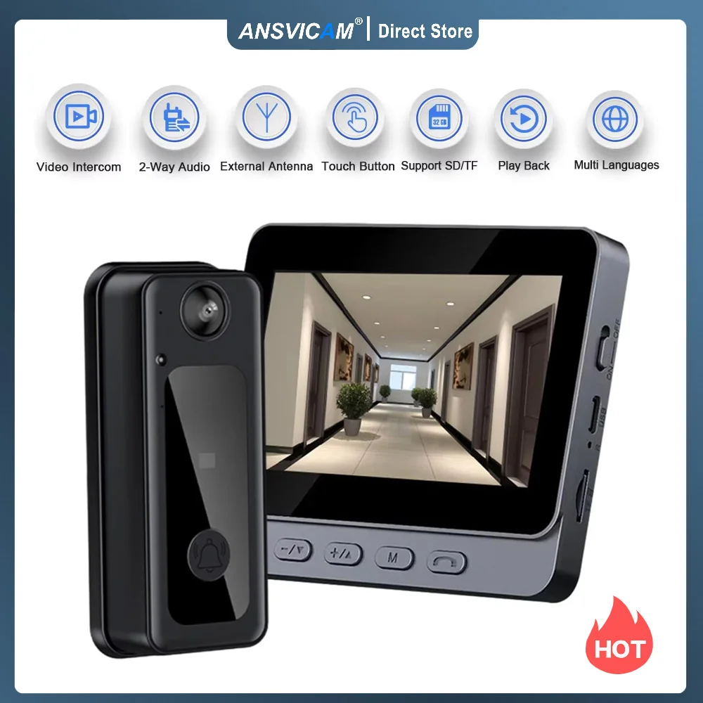 

Умная камера дверного звонка 1080P с дисплеем 4,3 дюйма - 170 ° Вид ночного видения и двусторонний аудио дверной звонок для домашней безопасности