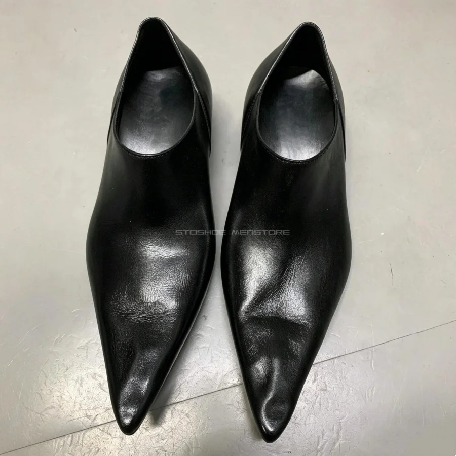 Black Leather Mens Slip On Dress Shoes Sharp Pointed Toe Deep V Cut Slim Fit Low Heel Trendy Avant Garde Street Party Footwear