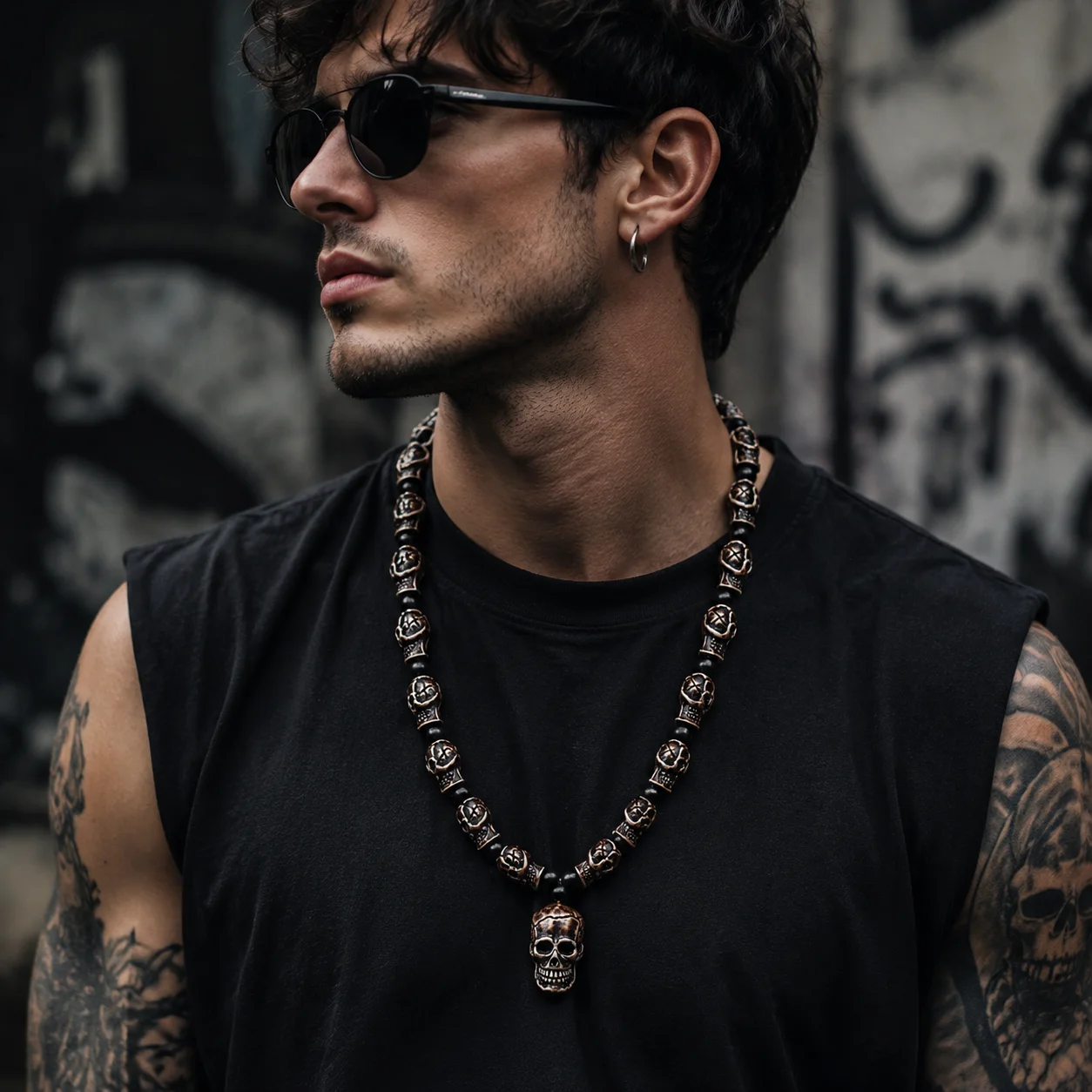 FX801 Imitation yak bone necklace Halloween skull beaded necklace punk cool men Europe United States hip hop pendant necklace