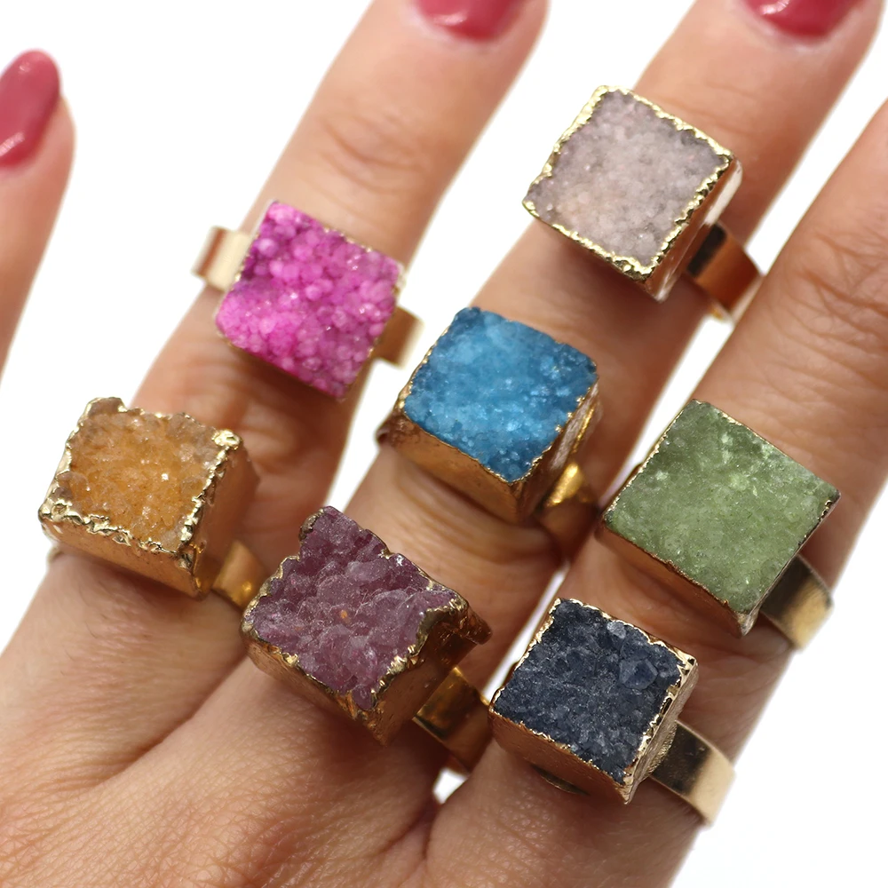 Natural Stone Quartz Crystal Rings Adjustable Finger Rings Square Gem Ring for Women Wedding Accessories Fashion Jewelry Gifts