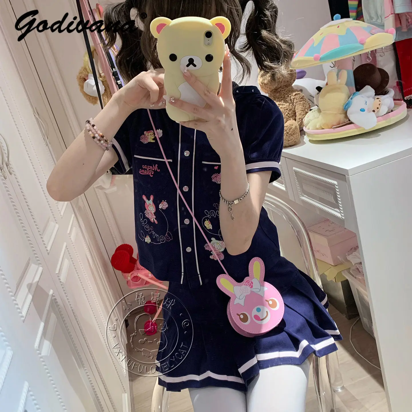 

Kawaii Daughter Clothes Girls Top and Skirt 2 Piece Set New Summer Sweet Cartoon Embroidered Hooded Short Sleeve Top Mini Skirts