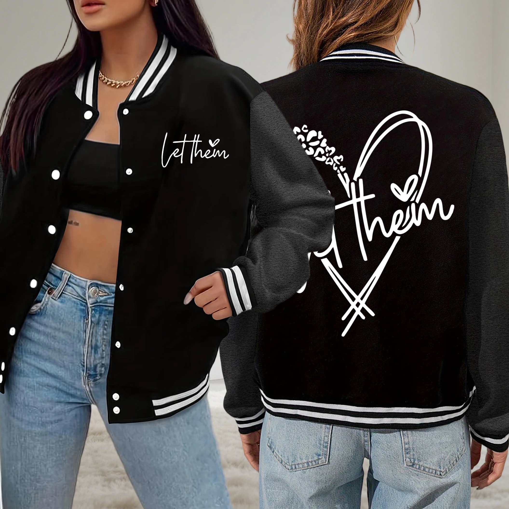 

Let Them Love Creative Letter Print Woman Baseball Uniform Casual Loose Streetwear Button Jackets Fleece Autumn Womens Clothing