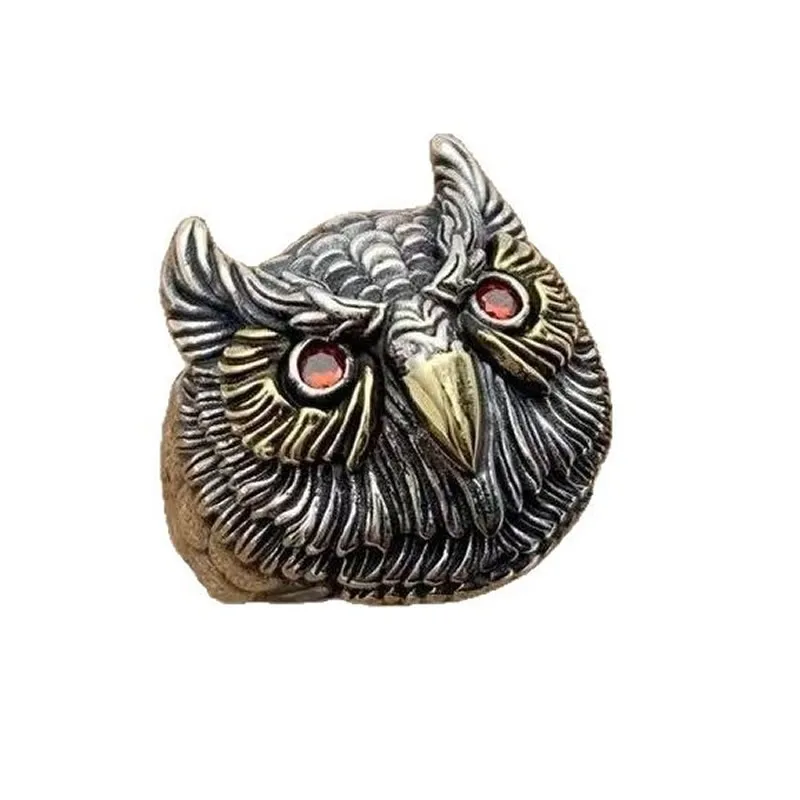 

Pure S925 Silver Ring Women Agate Owl Open Size Ring Stamp S925
