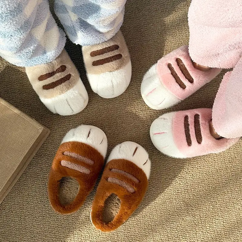 Soft fluffy stereoscopic cat paw slippers men women thick fur home slides ladies winter warm cute versatile indoor shoes